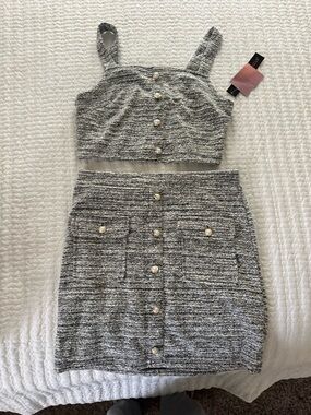 Almost Famous Gray Tweed Pearl-Button Crop Top & Skirt Set